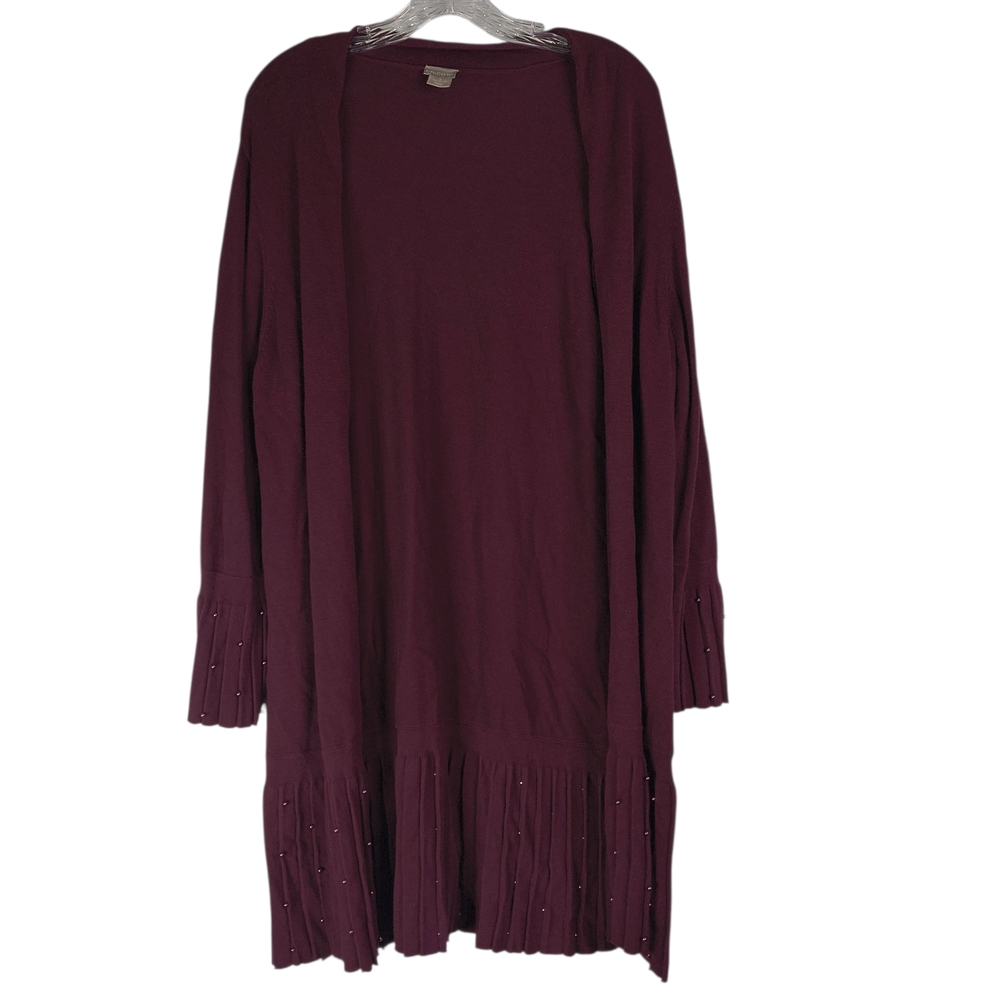Chicos Cardigan Women's XL Purple Plum Pleated Faux Pearl Long Knit Open Front